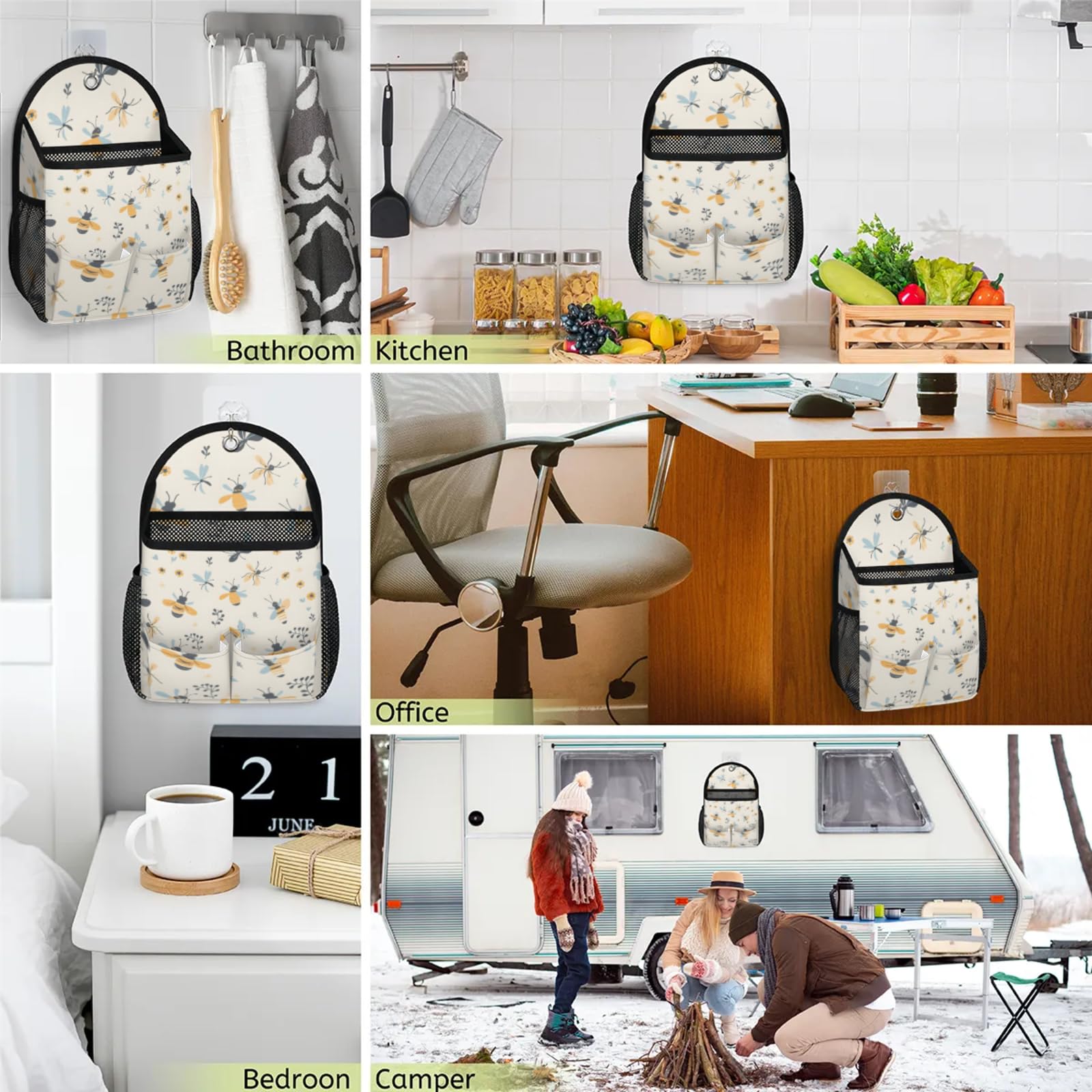 Ape Honey, confezione da 2 organizer da appendere alla parete, con tasca portaoggetti in tessuto, cesto portaoggetti per cucina, bagno, organizer