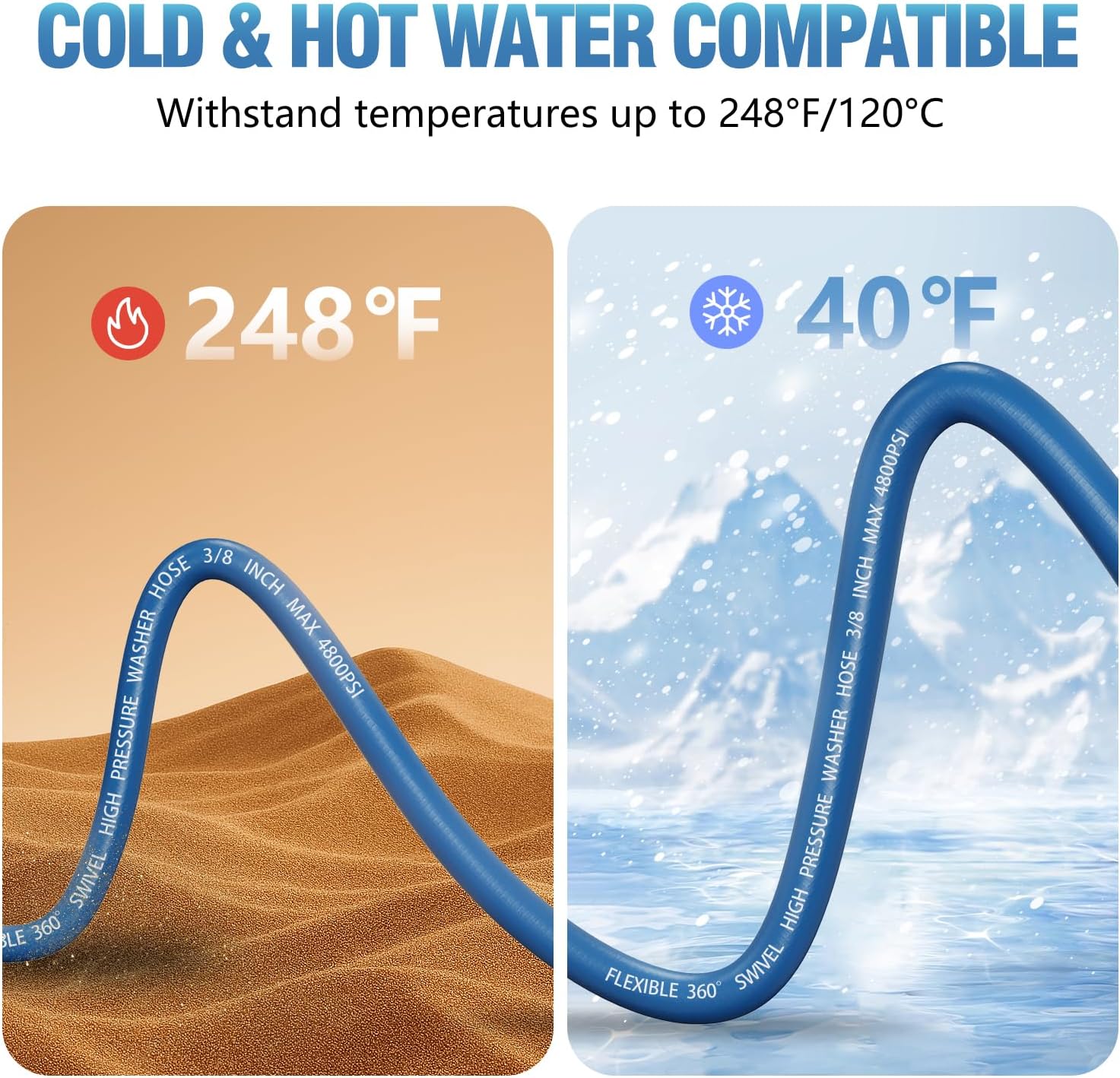 3/8" Kink Resistant Pressure Washer Hose 50FT, Swivel 3/8" Quick Connector, Hot and Cold Water Power Washer Hose Max 248°F, 4800 PSI Commercial Industrial Grade Steel Wire Braided Extension Hose