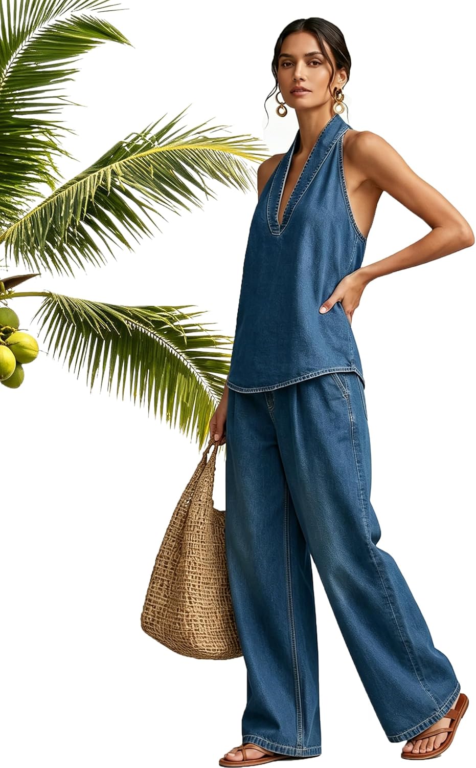 Cozy Minimalist Two-Piece Denim Set, Halter Neck Top and High Waisted Wide Leg Pants for Casual Everyday Outfit