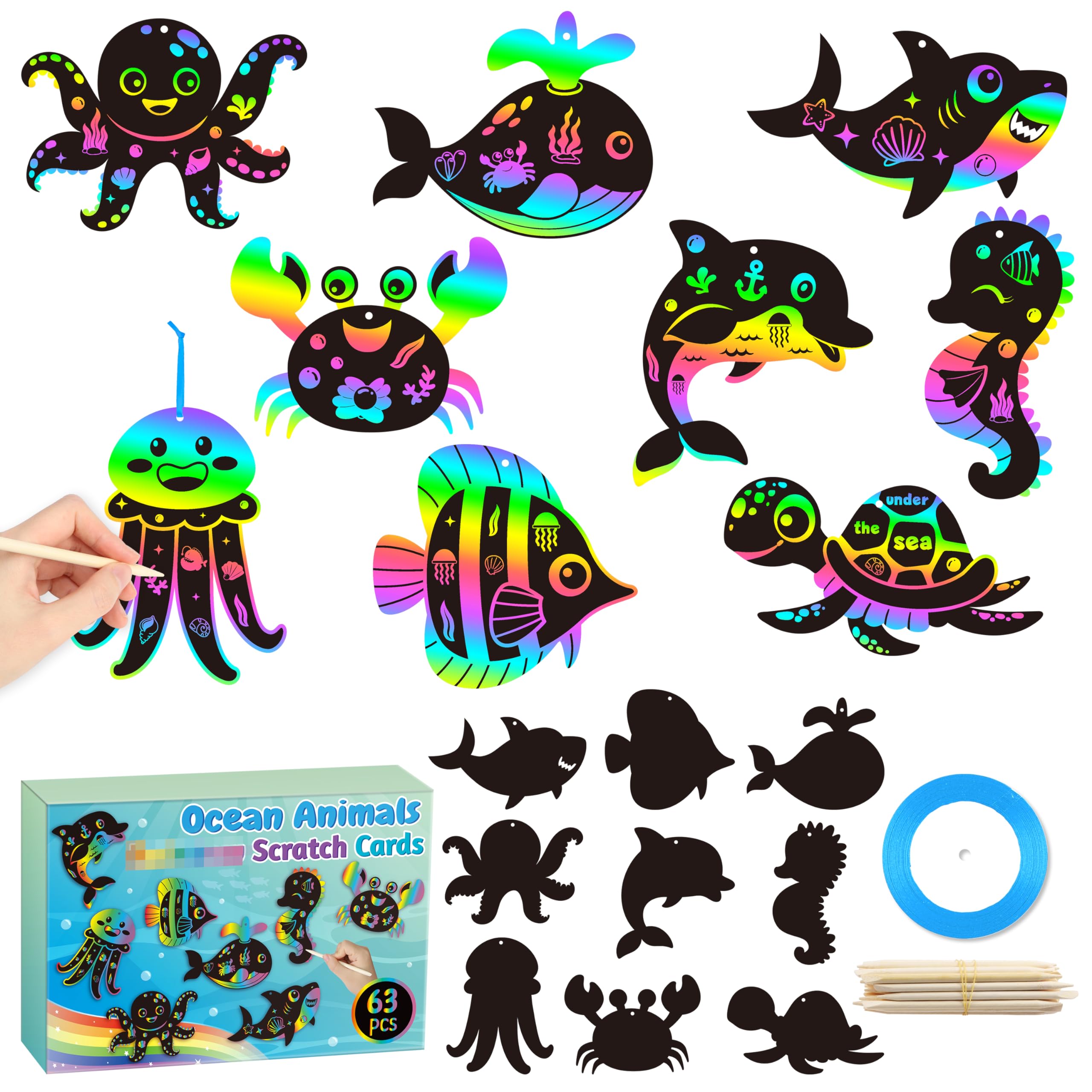 CY2SIDE Ocean Animals Scratch Cards - 63PCS DIY Under The Sea Magic Art Color Craft Scratch Card Kit for Kids Dolphin Tortoise Magic Rainbow Art Kit for Kids Birthday Party Favors School Activity