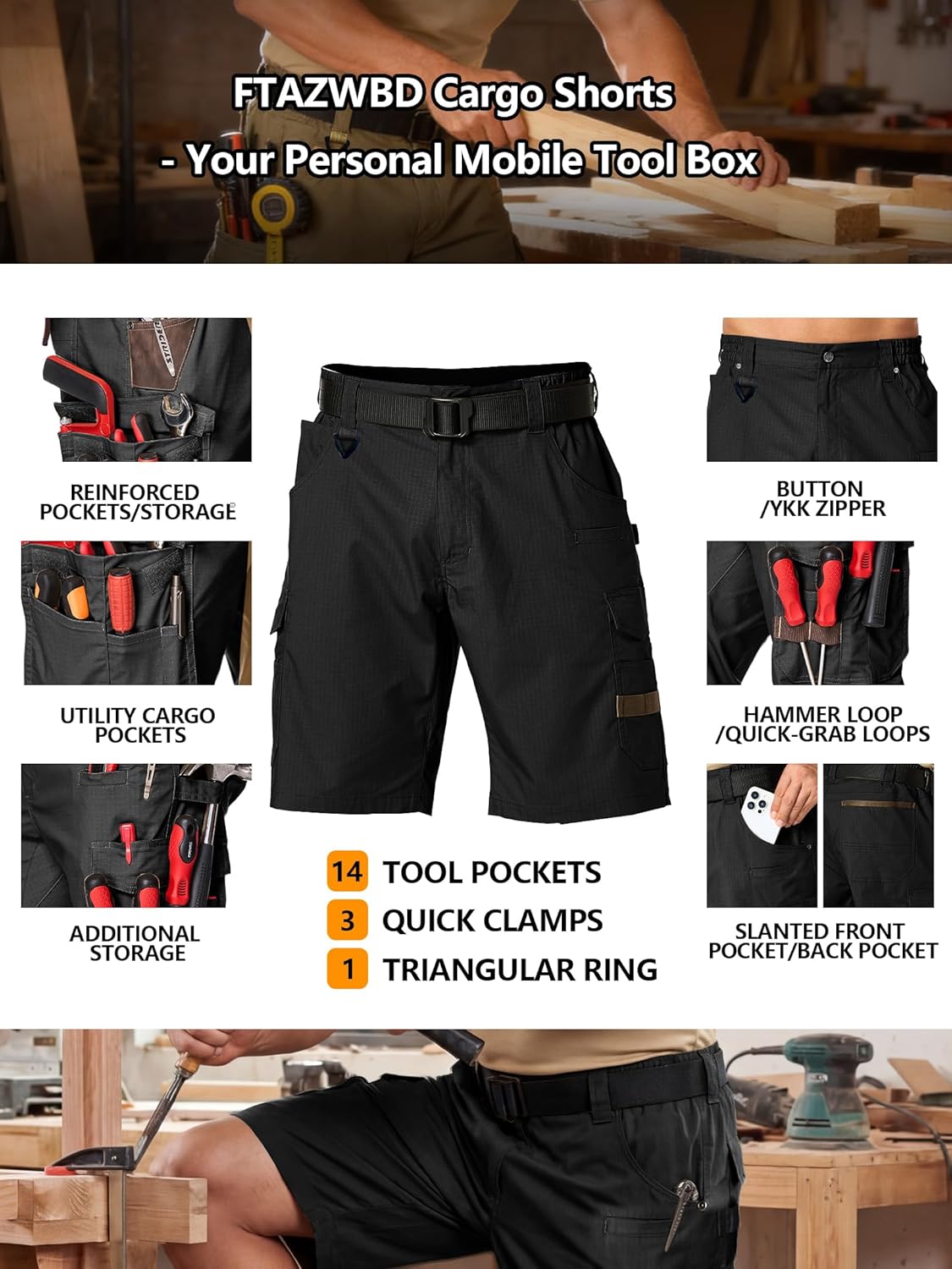 Men's Cargo Work Shorts Water Resistant Ripstop Tactical Tool Shorts for Outdoor Hiking Fishing with 14 Pockets(No Belt)