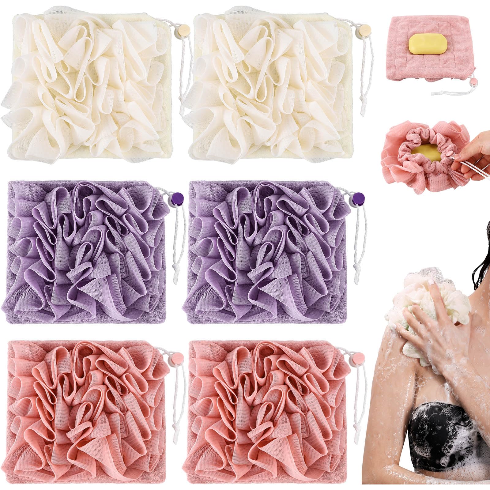 Swiffen 6 Pcs Washcloth Loofah Combo, 2 in 1 Bath Loofah Sponge with Drawstring, Exfoliation Mesh Shower Puff Ball for Body Wash Cleansing and Smooth