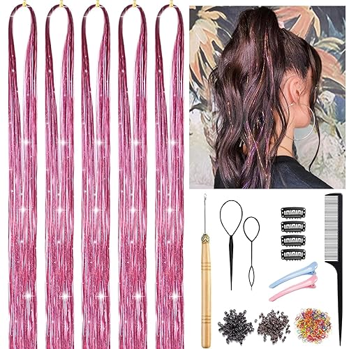 Kit de oropel para el cabello de 48 pulgadas para niñas, extensiones de cabello con herramientas, resistente al calor, 1100 hebras de hada