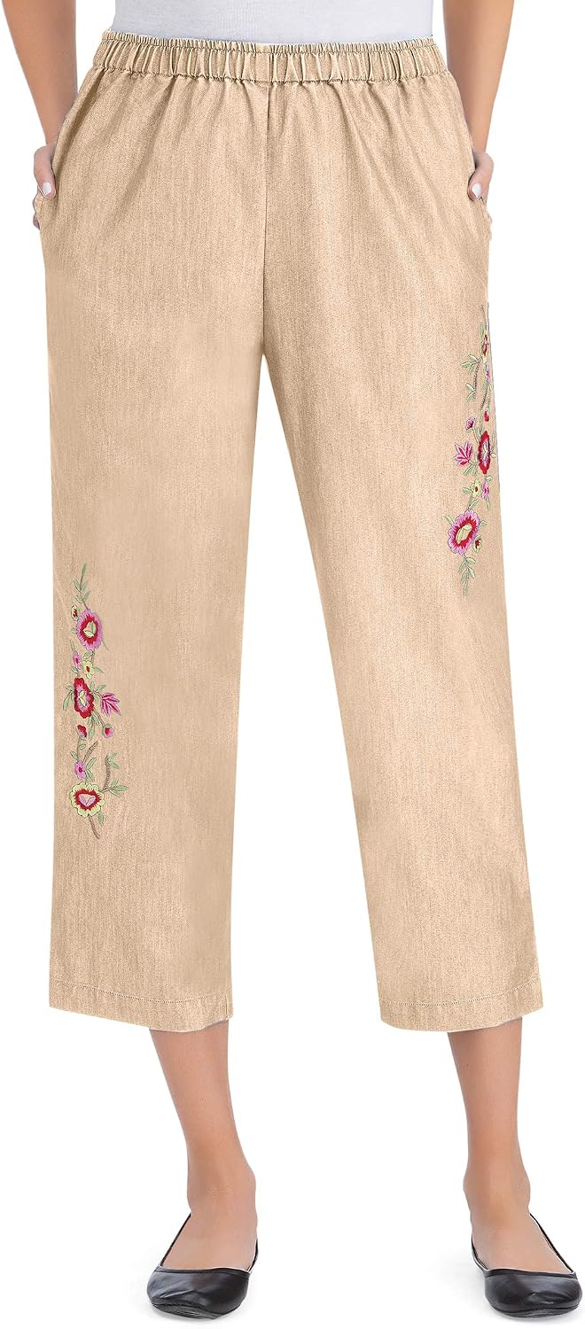 Collections Etc Floral Embroidered Denim Pull on Capri Pants for Ladies with Elastic Waist Stretch