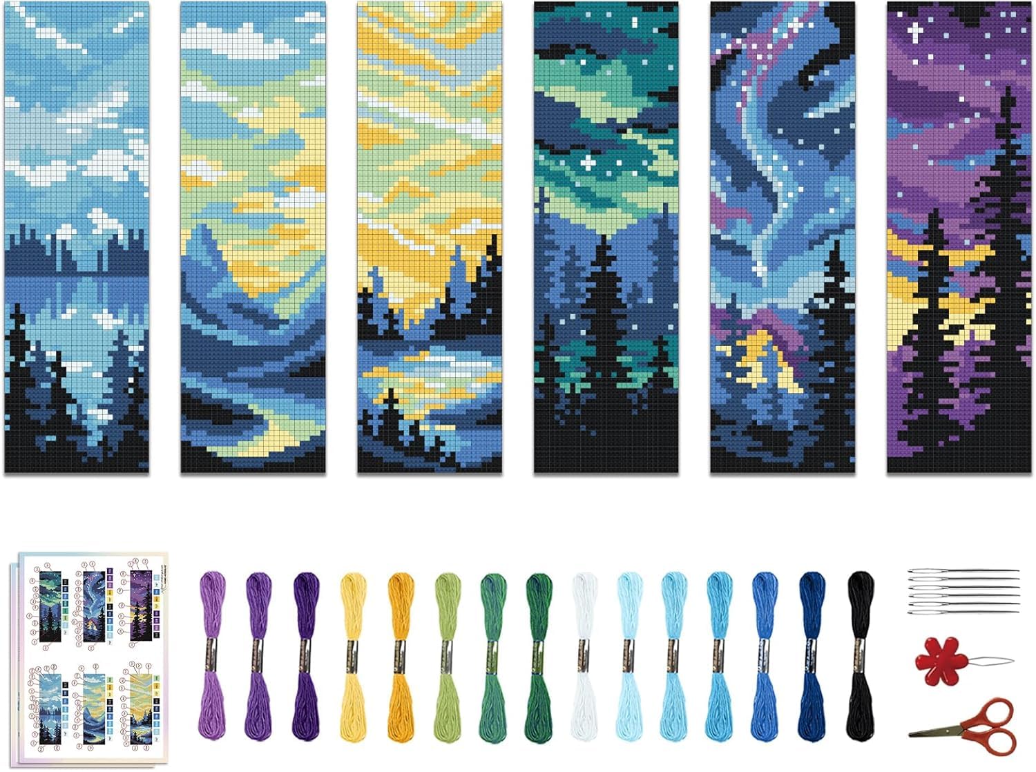 Musevial 6PCS Cross Stitch Bookmark Kit for Adult Beginners,Landscape Cross Stitch Kits DIY Crossstitch Kits Adult,Stamped Bookmark Embroidery Bookmarks Kit with Instructions 8''x2.4'' 11CT