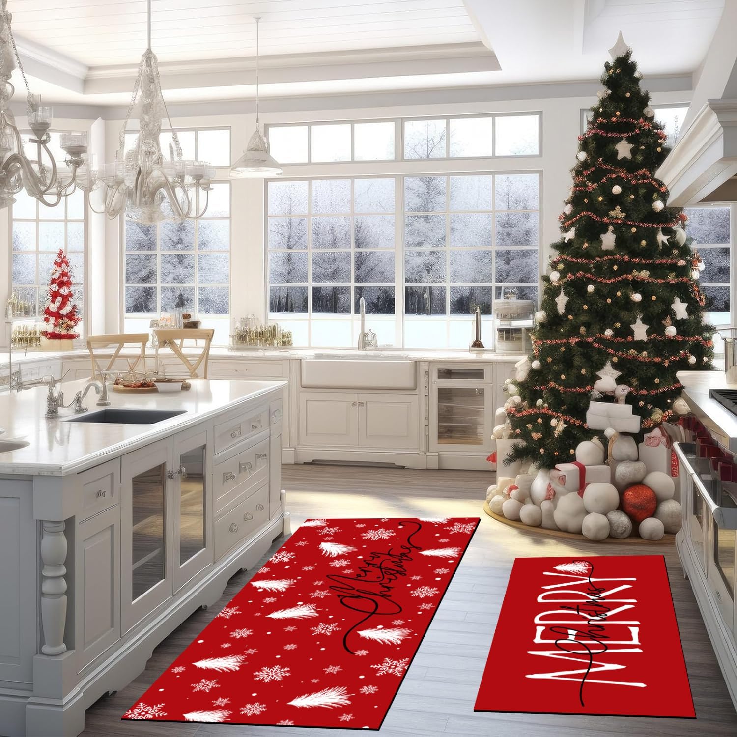 Christmas Kitchen Rug Set of 2 Merry Christmas Red Winter Holiday Non-Slip Kitchen Mats Snowflake Winter Christmas Decor Doormat Runner Rug(Red, 19.7"x31.5"+19.7"x47.3")