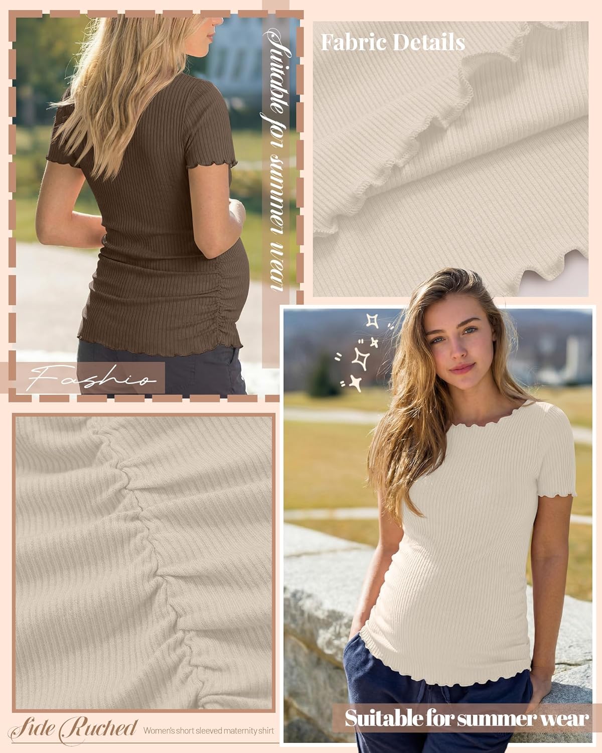 3 Pack Women's Maternity Shirts Pregnancy Cotton Ribbed Tops Women Short Sleeve Side Ruched Boat Neck Clothes