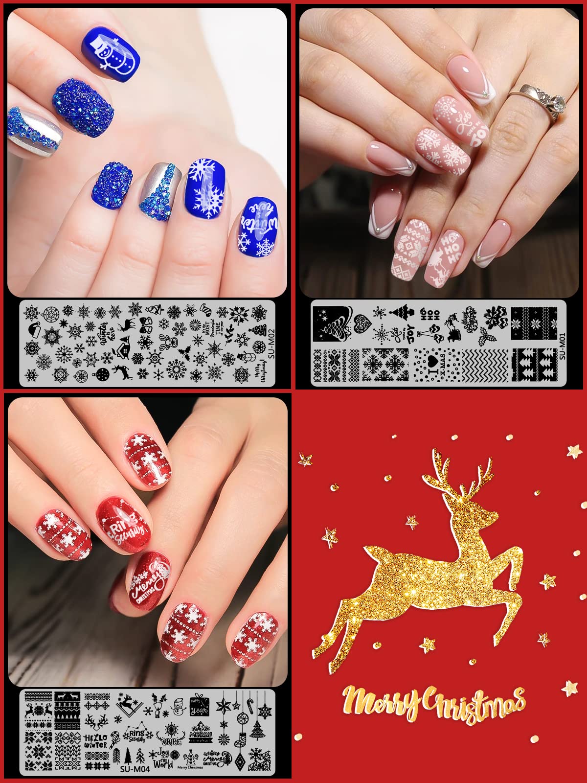 EBANKU 6 pezzi Set di Nail Art Stamping Stampini, Piatti per Timbri per Unghie Renna Fiocco di Neve Albero di Natale Disegni Manicure con 1 Timbro + 1 Raschietto + 1Borsa Portaoggetti