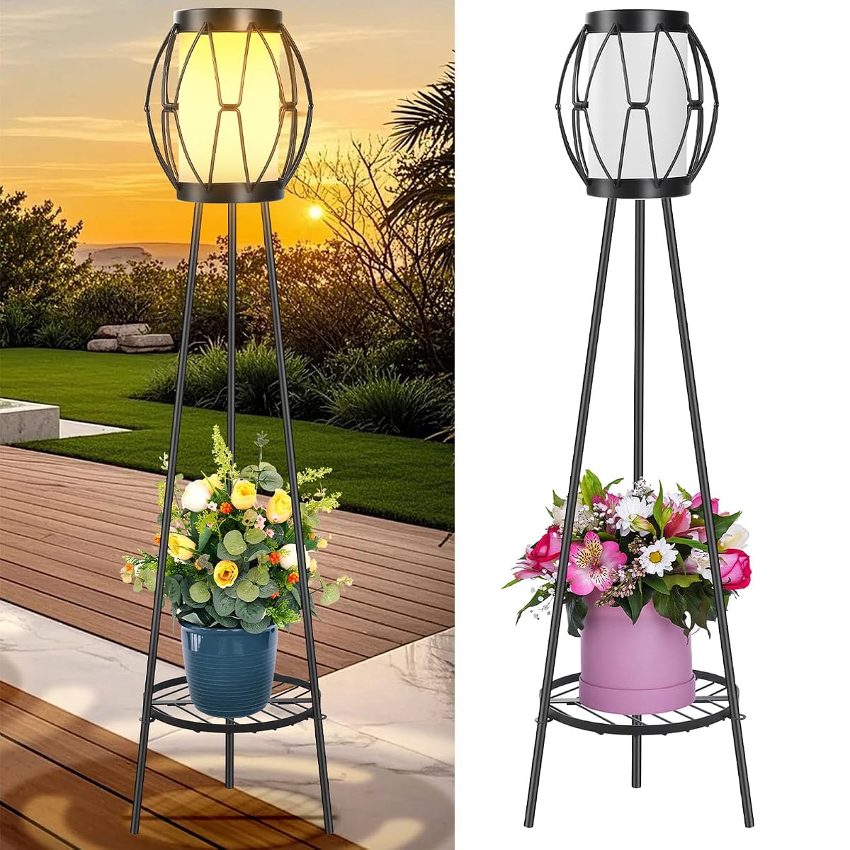 FQIIL Solar Powered Tripod Floor Lamp with Plant Stand - 36in Outdoor Patio