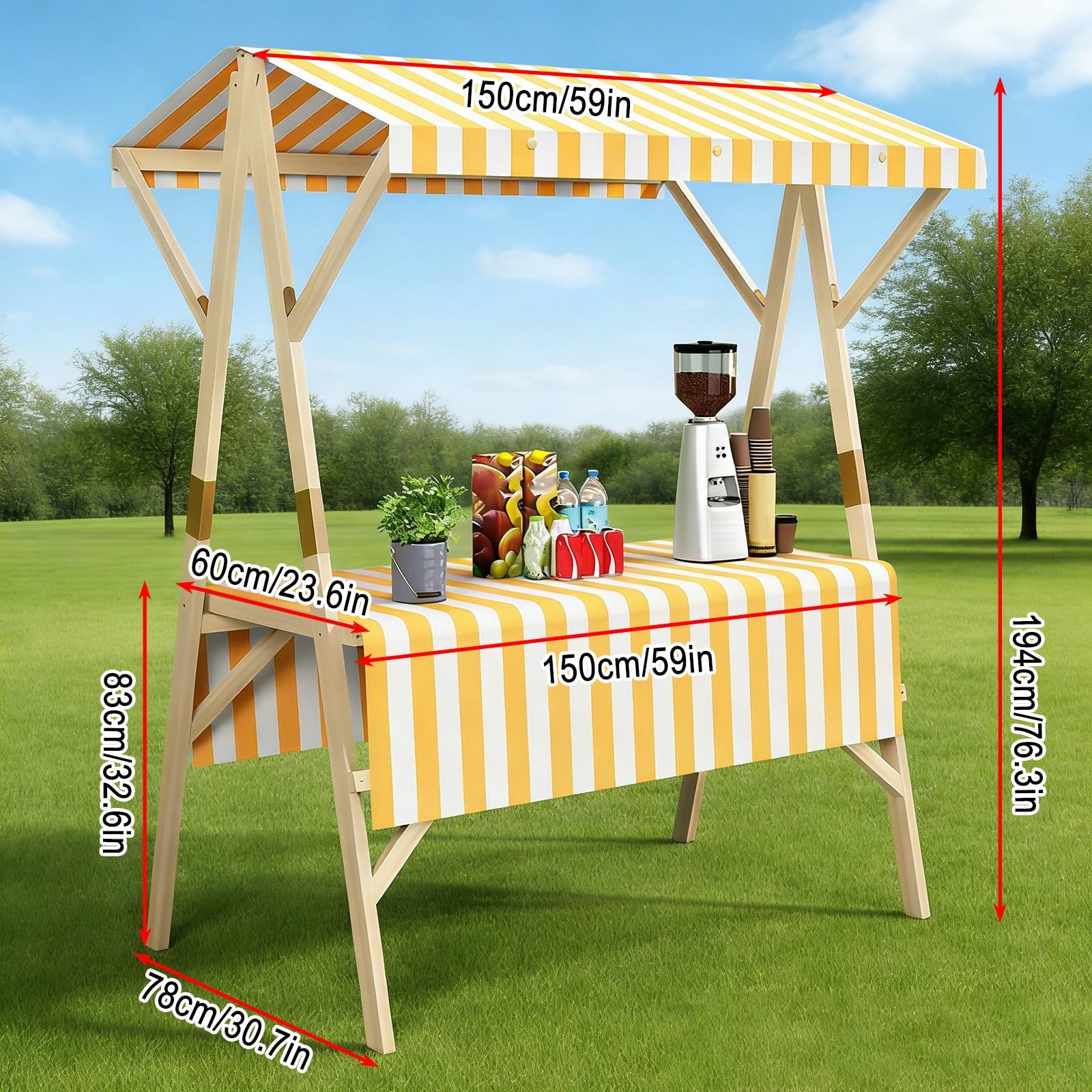 Carrello portatile pieghevole da esterno per il mercato degli agricoltori, ideale per la vendita di dessert e accessori, bianco 150 cm / 59in