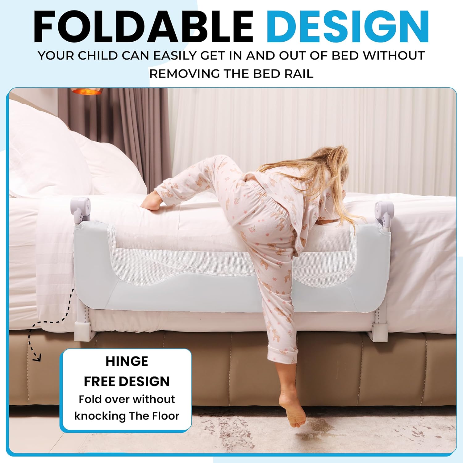 TotCraft MiniFlex Adjustable Length & Height Bed Rail for Toddlers – 35.5″ or 47″ Two Fixed Lengths,Fits Twin, Full & Queen Beds – 14 Height Levels – ASTM Certified Baby Bed Rail Guard (White)