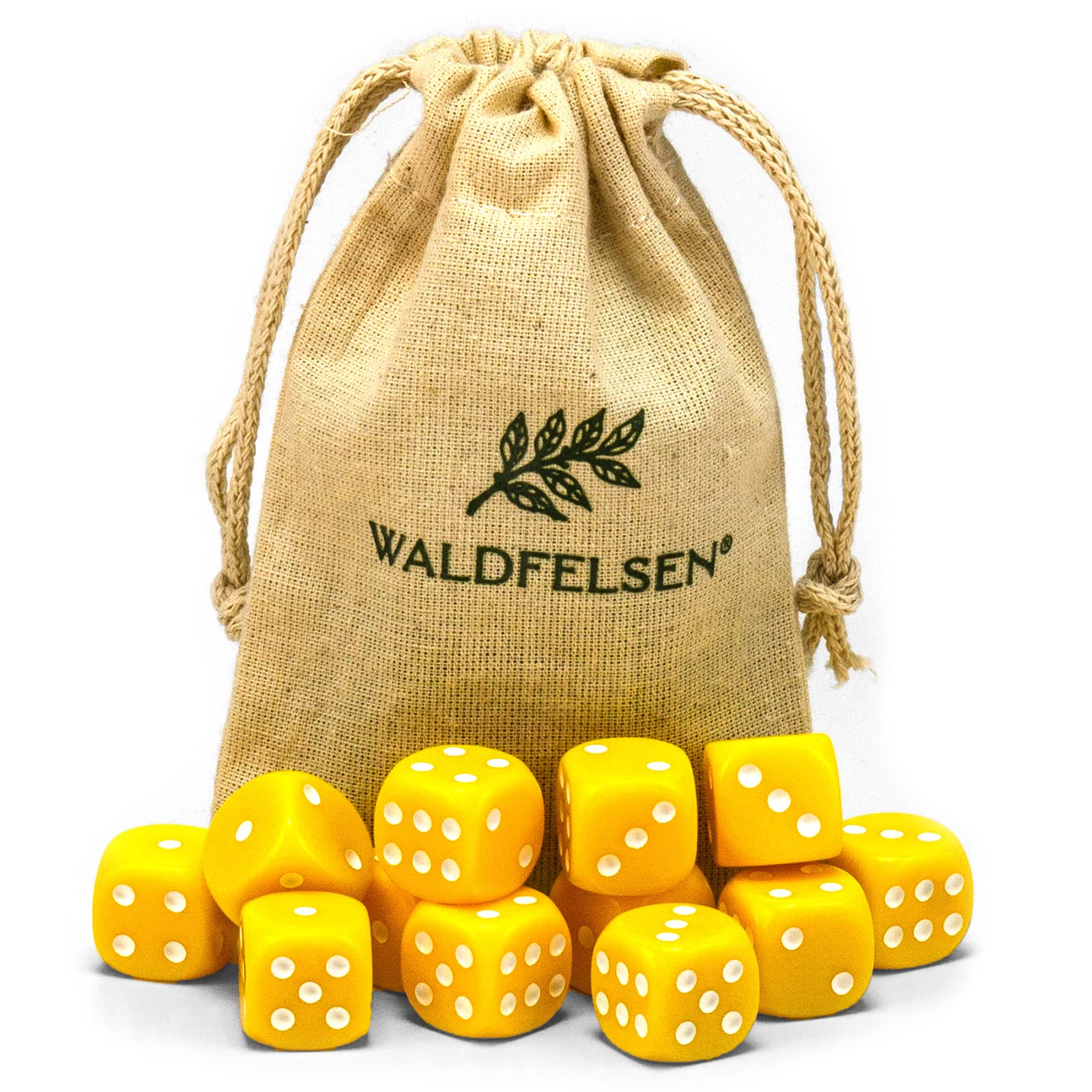 Waldfelsen Set of 6, 12, 20, 30 or 50 16mm Acrylic Dice - 6 Sided Play Cube - Game Accessories with Yellow Fabric Bag (12 Pieces)