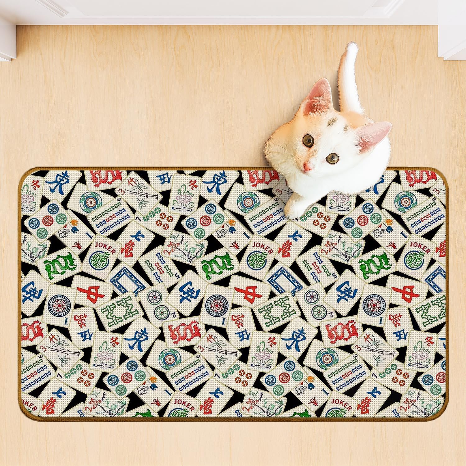 Chinoiserie Mahjong Doormat, Mahjong Lover Player Gifts Door Mat for Inside Outside Entrance Porch, Traditional Chinese Mah Jong Welcome Mats for Card Room Home, 17x30 Inches