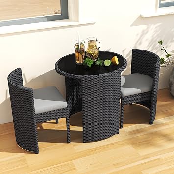 TWT Patio Furniture Set Aluminum 3 Pieces All-Weather Rattan Outdoor Chairs with Tempered Glass Table for Porch Bistro Balcony No Assembly Required Black