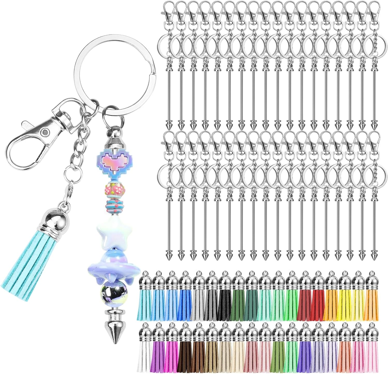 Draupnir 72 Pcs Beadable Keychains Bars, 36Pcs Silver Beadable Keychains Bars Bulk Blank for Keychain Making and 36Pcs Colorful Leather Tassel, Keychain Making kit for DIY Crafts Women Men Gift