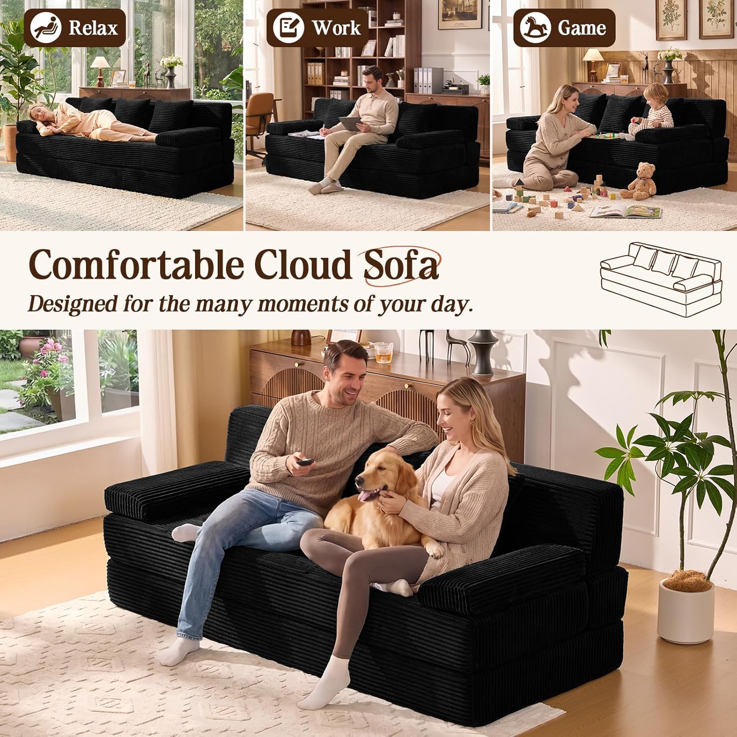 78.7IN Folding Sofa Bed - Convertible Sleeper Sofa Couch with Removable Pillows, 3 Seater Couches Bed for Living Room, Bedroom, Apartment, No Assembly Required, Freestanding, Corduroy, Black