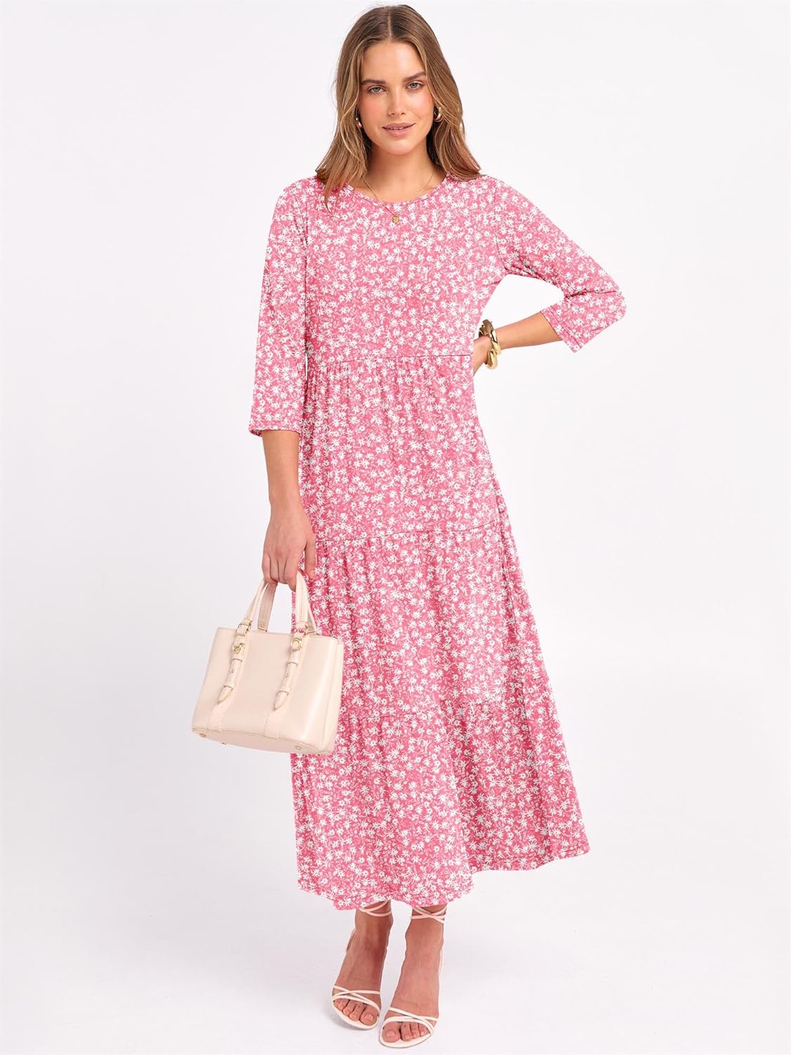Prinbara Womens 3/4 Sleeve Casual Maxi Floral Dresses 2026 Spring Crewneck A-line Tiered Flowy Summer Boho T Shirt Long Dress