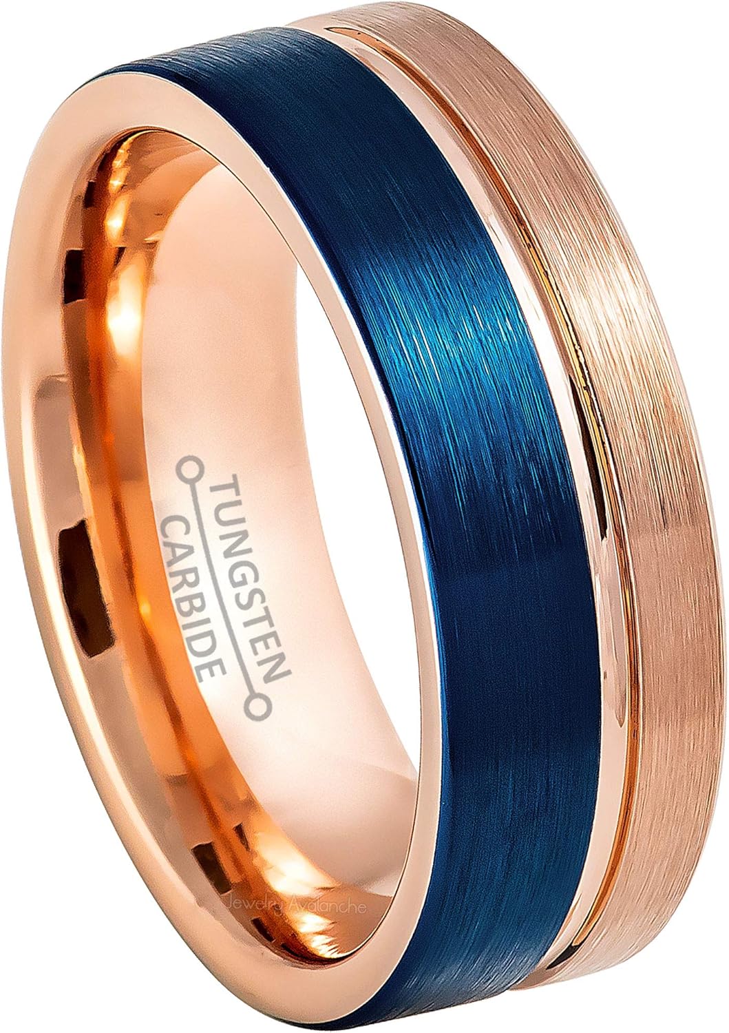 Jewelry Avalanche Blue & Rose Gold Tungsten Carbide Ring - 8mm Brushed Finish Pipe Cut Comfort Fit Tungsten Wedding Band - 2-tone Anniversary Ring