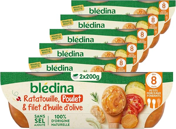 Blédina - Bols - Repas midi bébé - Ratatouille Poulet et filet d'huile d'olives - Dès 8 Mois - Sans sel ajouté – 12x200g - 1