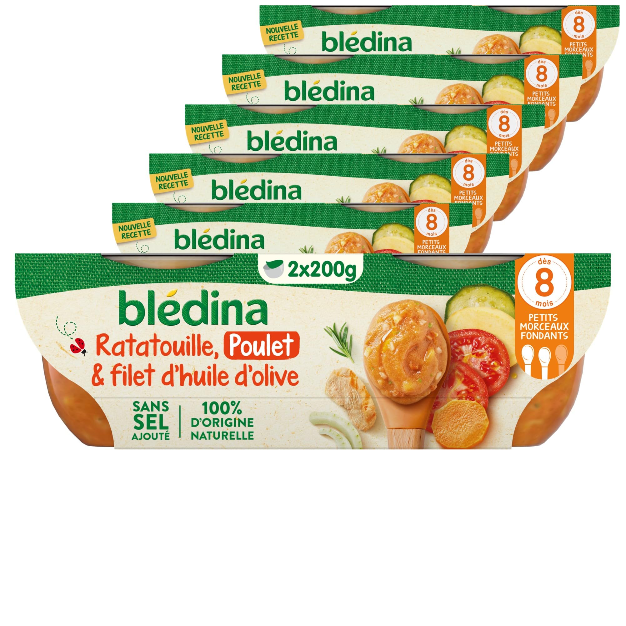 Blédina - Bols - Repas midi bébé - Ratatouille Poulet et filet d'huile d'olives - Dès 8 Mois - Sans sel ajouté – 12x200g - 2