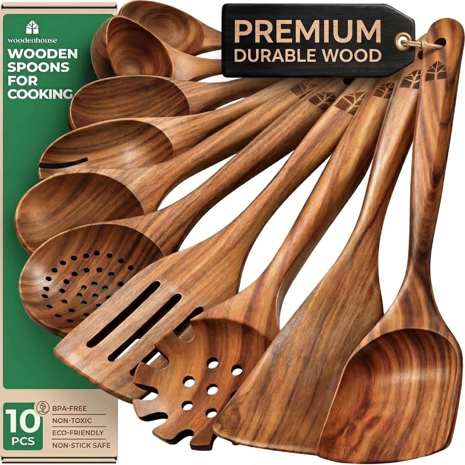 Wooden Spoons for Cooking, 10 Pcs Teak Wood Utensil Set for Nonstick