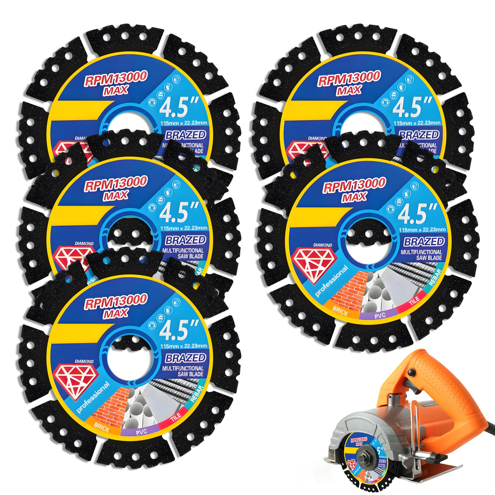 5 PCS Diamond Multi-Purpose Saw Blades, 4.5 Inch Angle Grinder Discs 115mm Angle Grinder Cutting Disc Heavy Duty Ultra Thin Wheel Disc for Cutting Porcelain Granite Marble Concrete Tiles