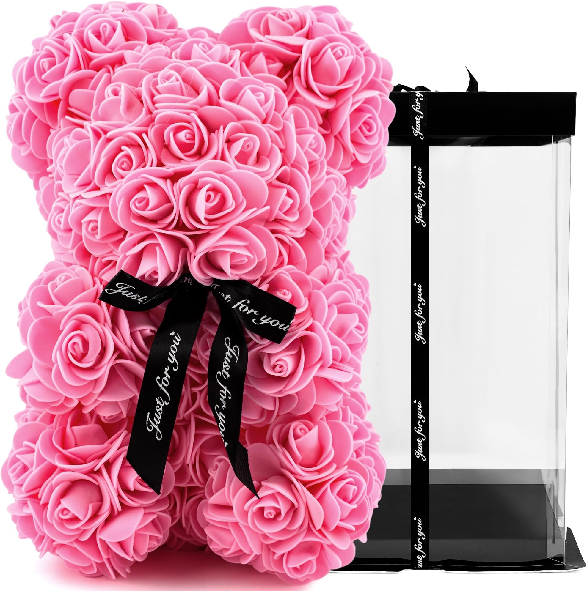 28cm Rose Teddy Bear Flower Bear with Gift Box Birthday Romantic Valentines Gifts for her Girlfriend Love Friends Wife Fiancée PE Material with Bow Tie Everlasting Forever Pink