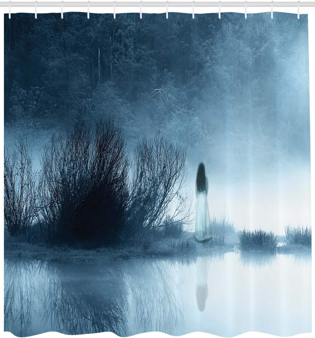 Ambesonne Horror House Shower Curtain, Mysterious Women in Foggy Forest Bushes Nightmare Haze Lady Scary Hell Work of Art, Cloth Fabric Bathroom Decor Set with Hooks, 69" W x 84" L, Blue