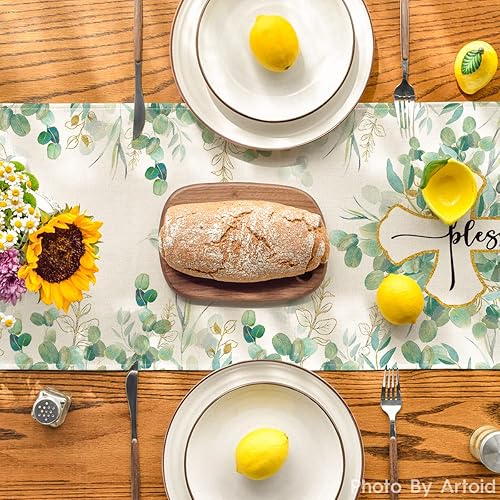 Miniatura 3 de Artoid Mode Camino de mesa de eucalipto con cruz bendecida, decoración de mesa de comedor de cocina y verano para decoración del hogar, 13 x 72