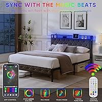 Vista 5 de Full Bed Frame Metal, Charging Station and Led Lights, Upholstered Platform Bed with Heavy Metal Slats, No Box Spring Needed, Noise Free, Easy
