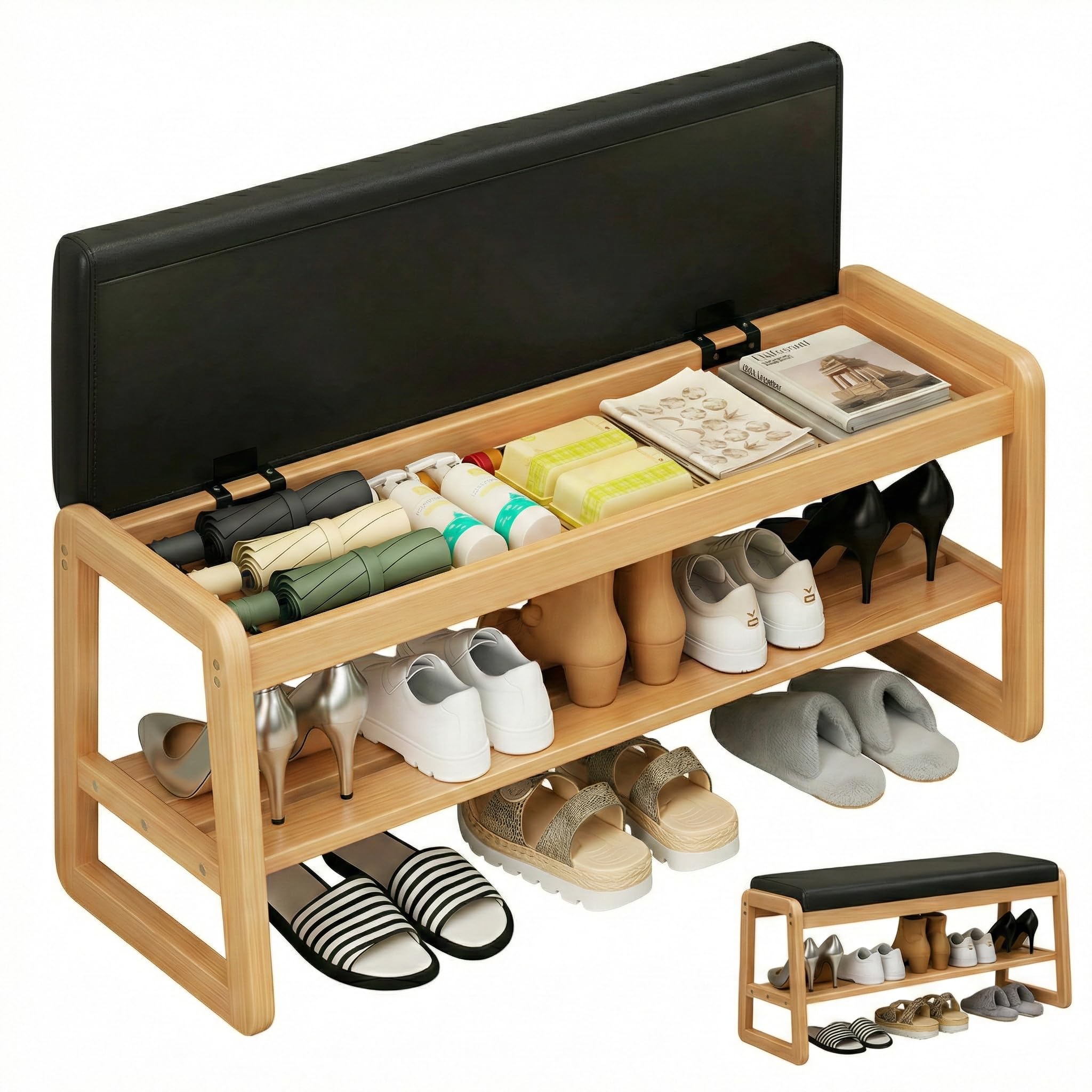 Schuhbank mit Stauraum, 2-stöckiges Schuhregal für Eingangsbereich und Flur, modernes Eichen-Design mit PU-Lederkissen, zum Organisieren von Schuhen