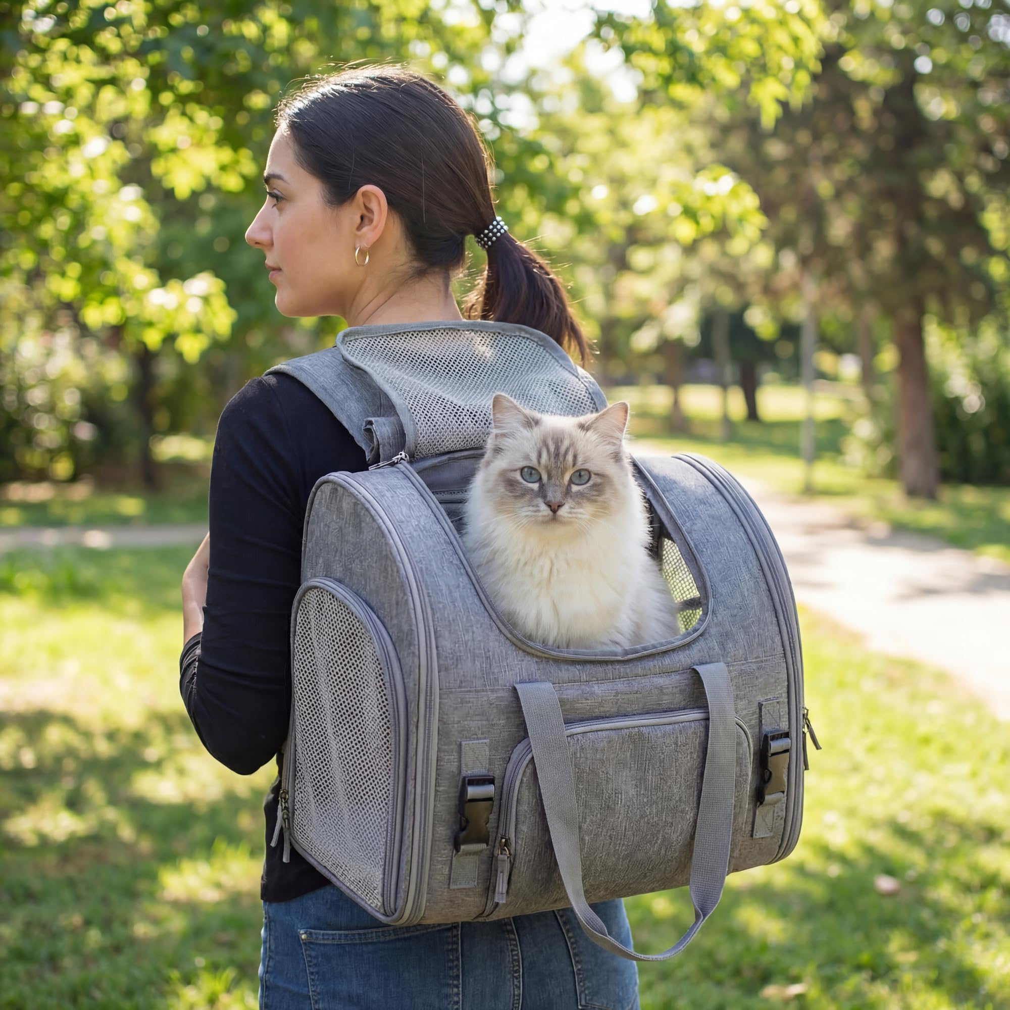 Atmungsaktiver Katzenrucksack, erweiterbarer & Faltbarer Haustier-Reiserucksack, Transportrucksack für Katzen, Kleinhunde, mit Gurt für Autositz & Gepäckträger, für Reisen, Spaziergänge