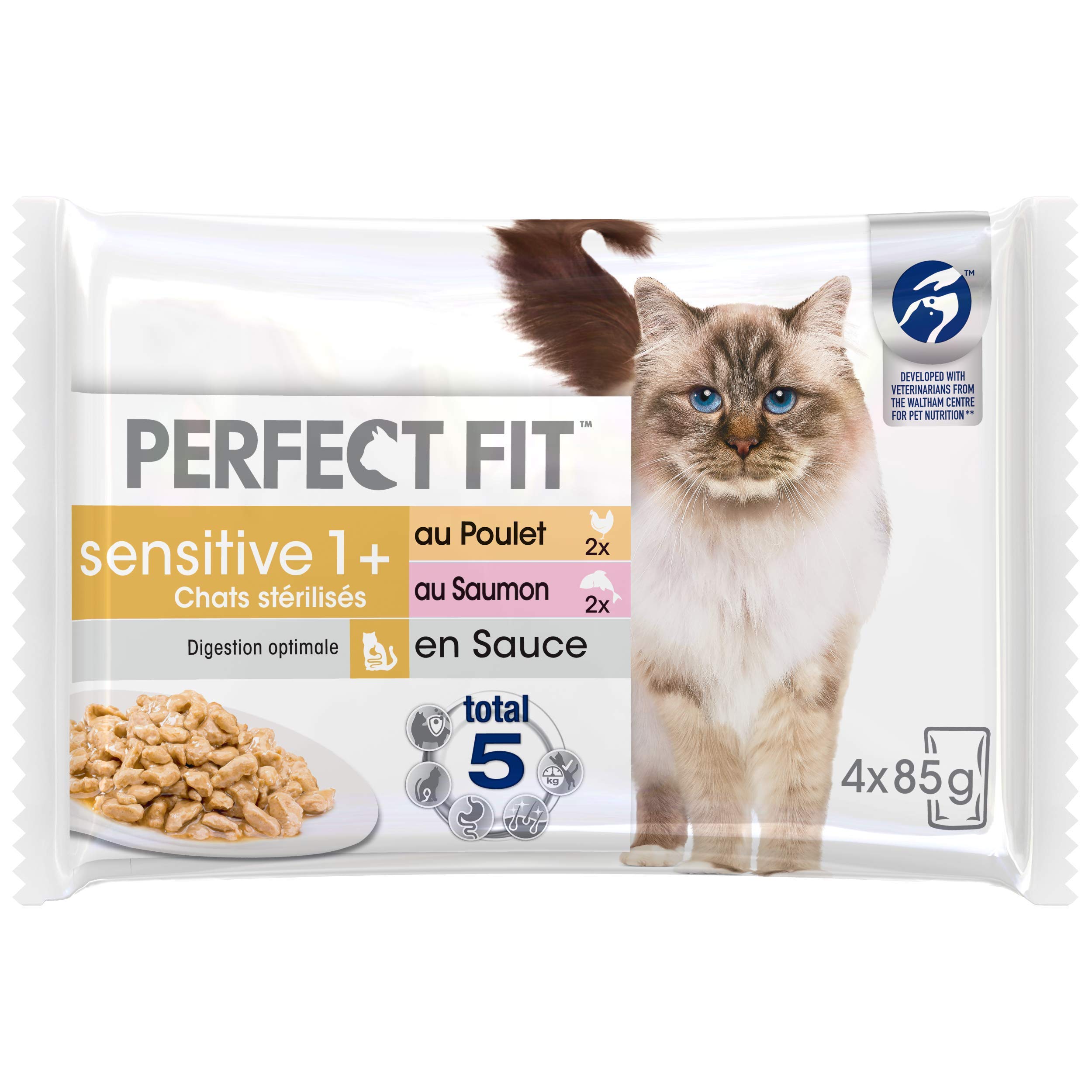 Sensitive 1+ – Sacchetti per gatti adulti sterilizzati – Soddisfa esigenze specifiche di un gatto sterilizzato – Ricco di pollo e salmone – 52 bustine da 85 g