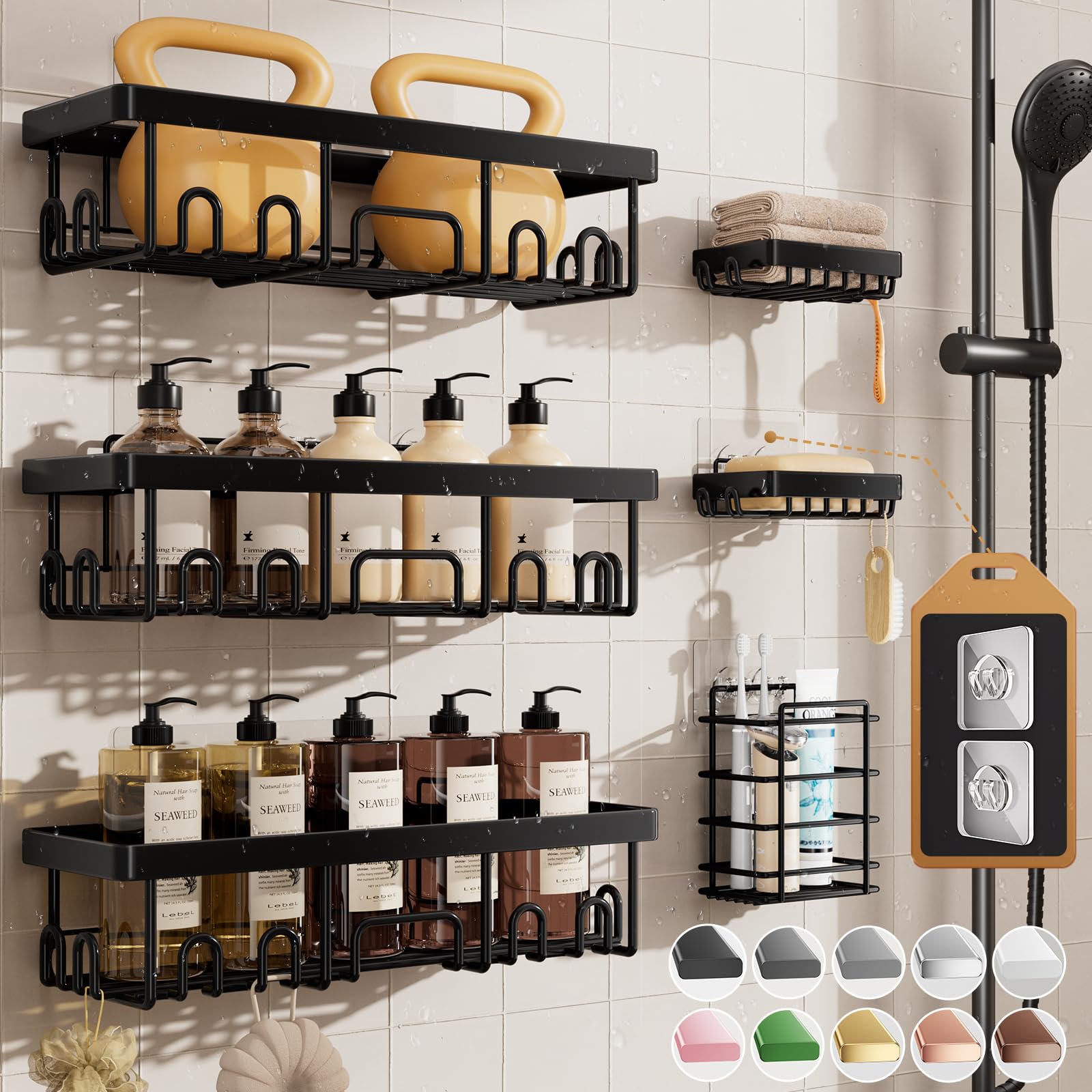 Veken Adhesive Shower Caddy 6-Pack, Large Capacity Bathroom Organizers and Storage, Rustproof Shelves Rack with Soap Holder, No Drilling Wall-Mounted Kitchen & Home Decor, Bath Decor&Essentials, Black