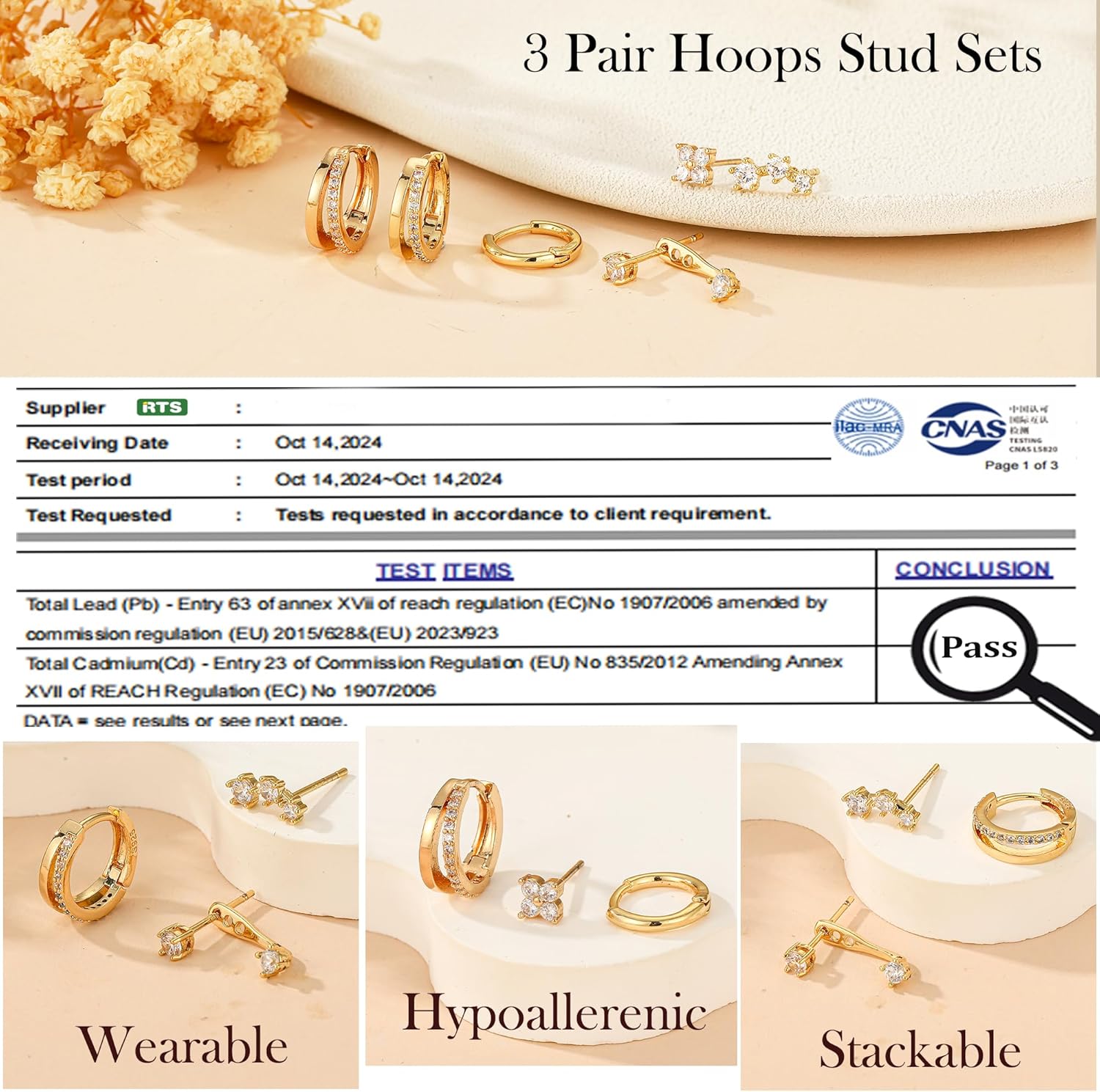 Valentines Day Gift 3 Pairs 925 Sterling Silver Earrings for Women Girls Non Tarnish Small Hypoallergenic Huggie Hoops Cartilage Stack Earring Sets for Multiple Piercing - Image 5