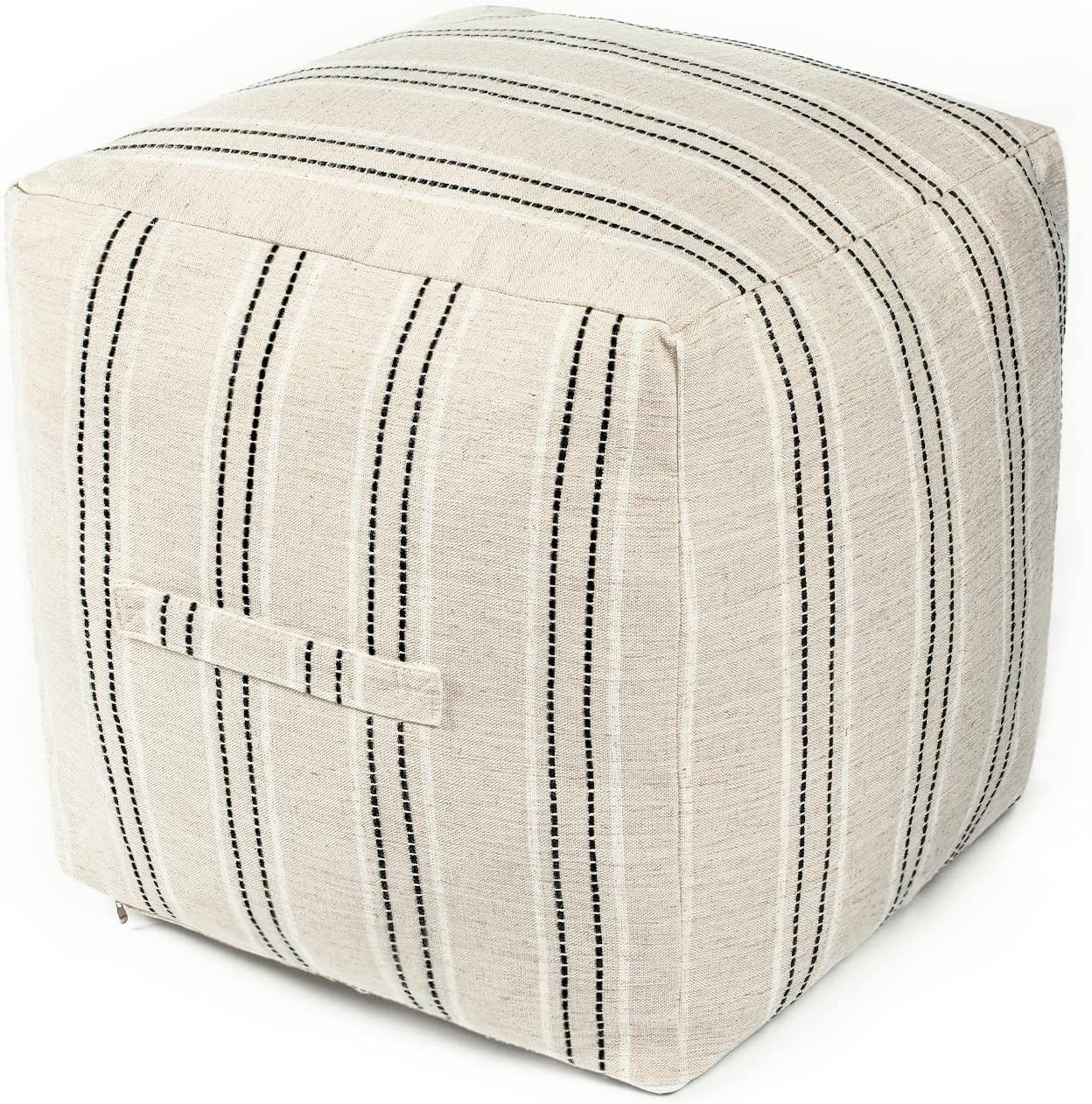 AELS Unstuffed Farmhouse Pouf Cover for Living Room, Boho Storage Bean Bag Cubes, Beige with Black Stitch Yarn Dyed Stripe Square Ottoman Pouf Foot Rest Footstool, 18"x18"x18", Cover ONLY