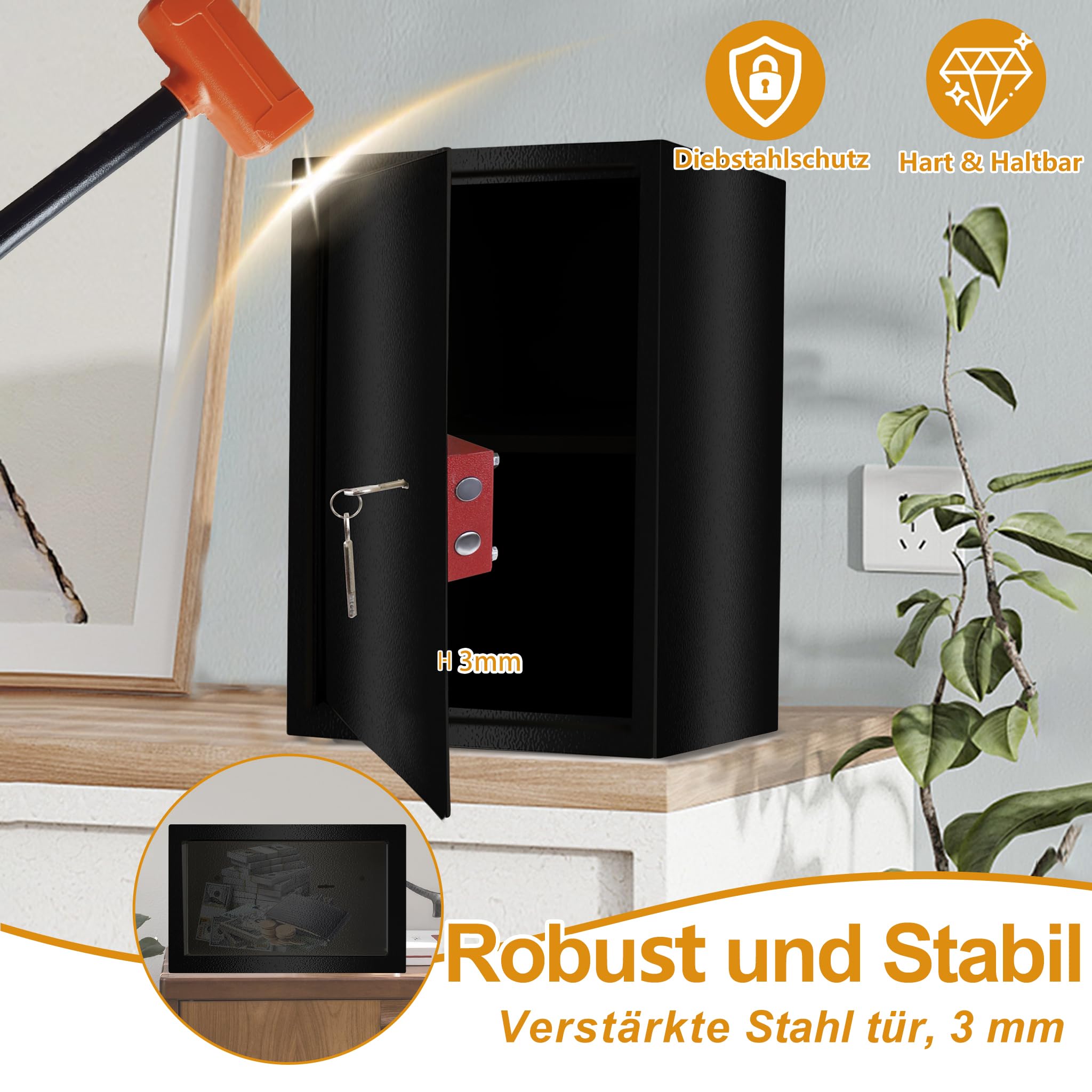 YRHome Sejf meblowy, sejf w rozmiarze XL, 35 x 31 x 50 cm, z 2 zamkiem na klucze i śrubami mocującymi, sejf podłogowy, ścienny, szafka na pieniądze, kolor czarny
