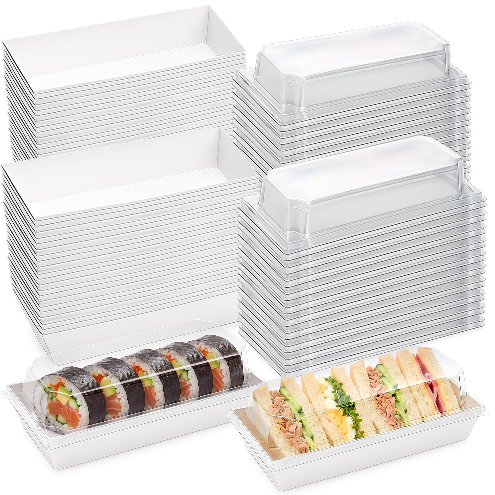 Dicunoy Paquete de 100 cajas de sándwich con tapas transparentes, cajas de papel para alimentos, bandeja rectangular para alimentos para sushi, pastel suizo, sándwich, galletas, frutas, bombas de