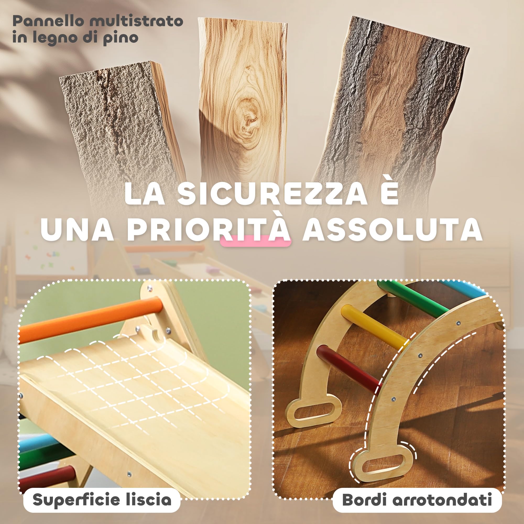 AIYAPLAY Gioco da Arrampicata 5 in 1 per 18-48 Mesi 178x64.5cm Multicolore | Gioco per Bambini, Pino Massello, Triangolo, Arco Montessori, Rampa con Pietre, Carico Massimo 50 kg