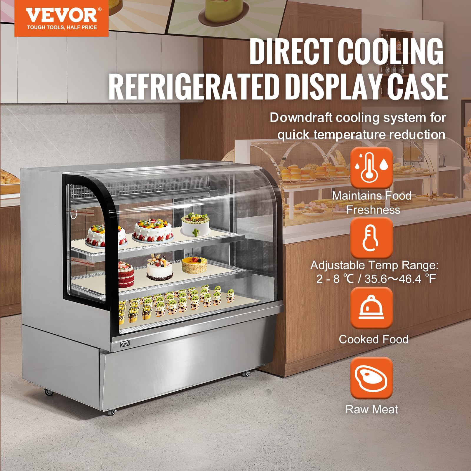 VEVOR Vitrina Refrigerada Vitrina Grande para Repostería de 505 L Refrigerador Comercial de 2 Niveles con Iluminación LED Refrigeración por Corriente Descendente Móvil con Ruedas para Panadería