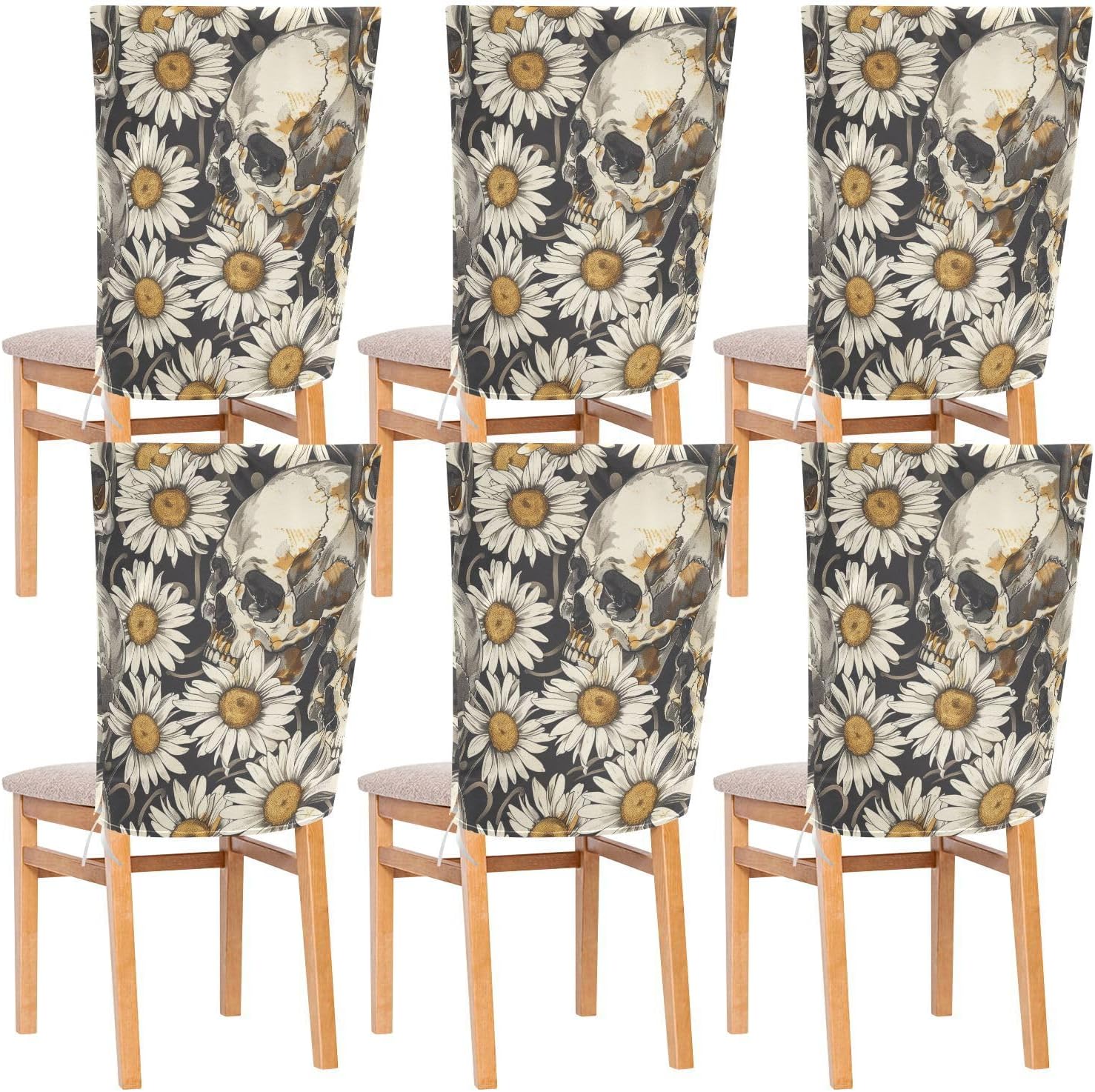 ALAZA Skulls Daisy Flowers Chair Back Cover Set of 6, Washable Reusable Removable Chair Slipcovers Decorative Chair Cover for Home Kitchen Wedding Party