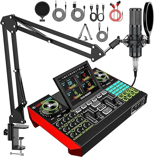 Miniatura 10 de Paquete de micrófono para podcast con mezclador de audio de tarjeta de sonido en vivo, paquete de equipo de podcast con micrófono de condensador