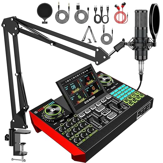tenlamp Podcast Microphone Bundle with Live Sound Board Audio Mixer, Podcast Equipment Bundle with 3.5mm Boom Mic(P15) for Pc/Phone Live Streaming Singing Gaming, Voice Changer, Denoise