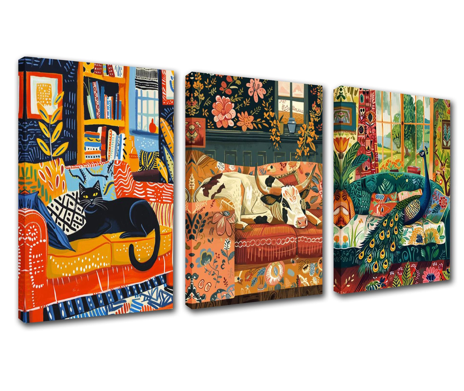 3Pcs Large Animal Pictures for Living Room Peacock Cattle Black Cat Paintings Canvas Funny Sofa Animal Wall Art Modern Artwork Home Decor for Bedroom Wooden Framed Ready to Hang 60''Wx28''H — image 1