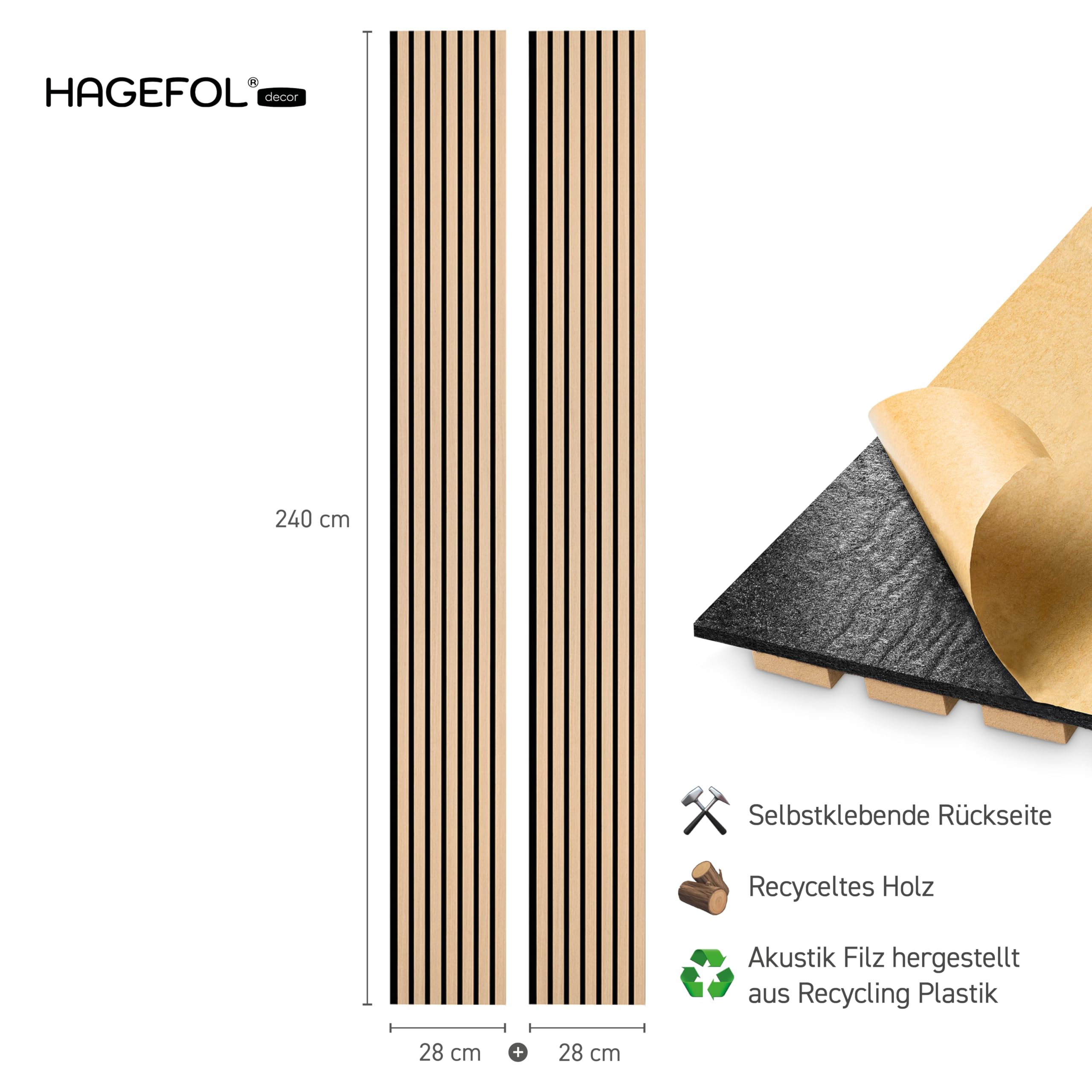 HAGEFOL® Akustikpaneele selbstklebend EasyFix, 240x56cm, Farbe: Eiche Holz, Lamellen Wandpaneele für Schallschutz Wandverkleidung ohne Bohren (2 Stück, 240x28cm im Paket)