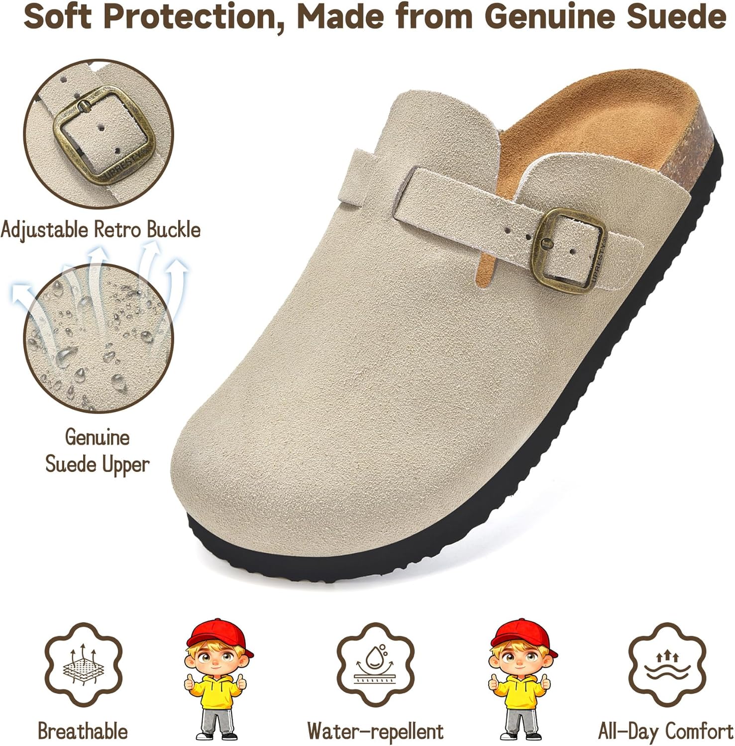 100% Genuine Suede Toddler Kids Clogs with Arch Support, Boys Girls Infant Clogs with Comfort Memory Foam Insole, Non Slip Cork Footbed Mules for Kid with Adjustable Straps - Image 3