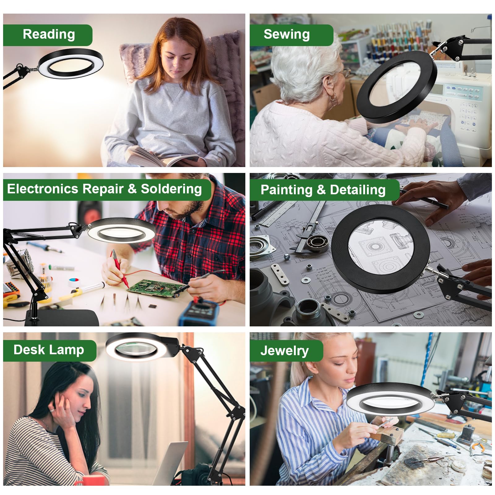 Lot de 10 loupes avec lumière et support, 3 modes de couleur, lampe loupe LED pour les loisirs, le travail de lecture, l'artisanat, la couture, les personnes âgées