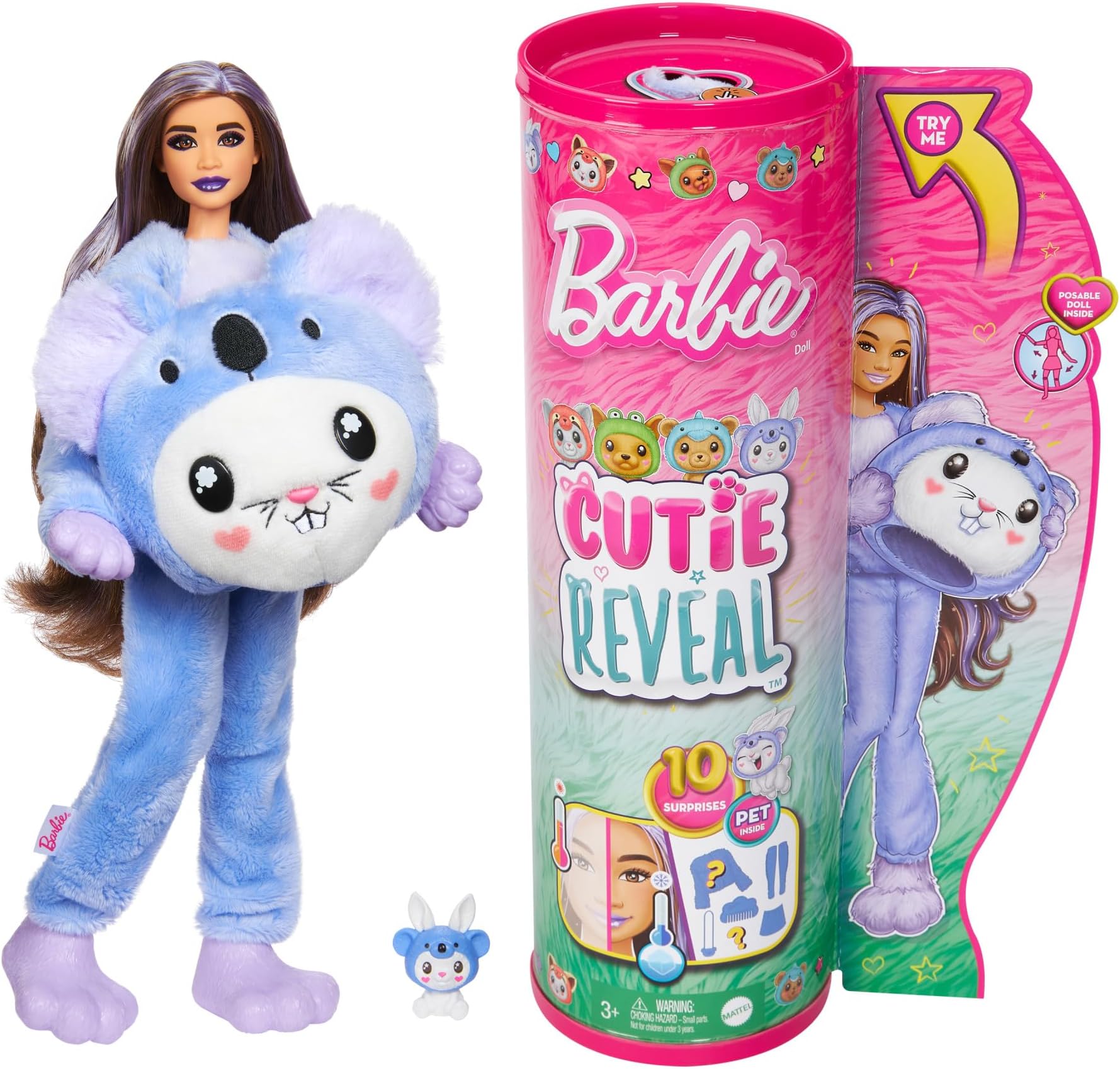 - Cutie Reveal Doll & Accessories with Animal Costume & 10 Surprises Including Color Change, Bunny as a Koala in Costume-Themed Series