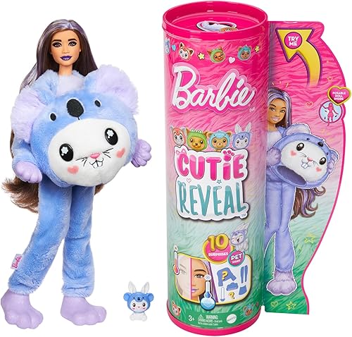 Muñeca Barbie Cutie Reveal y Accesorios con Disfraz de Animal y 10 Sorpresas Incluyendo Cambio de Color, Conejo como Koala en Serie Temática de