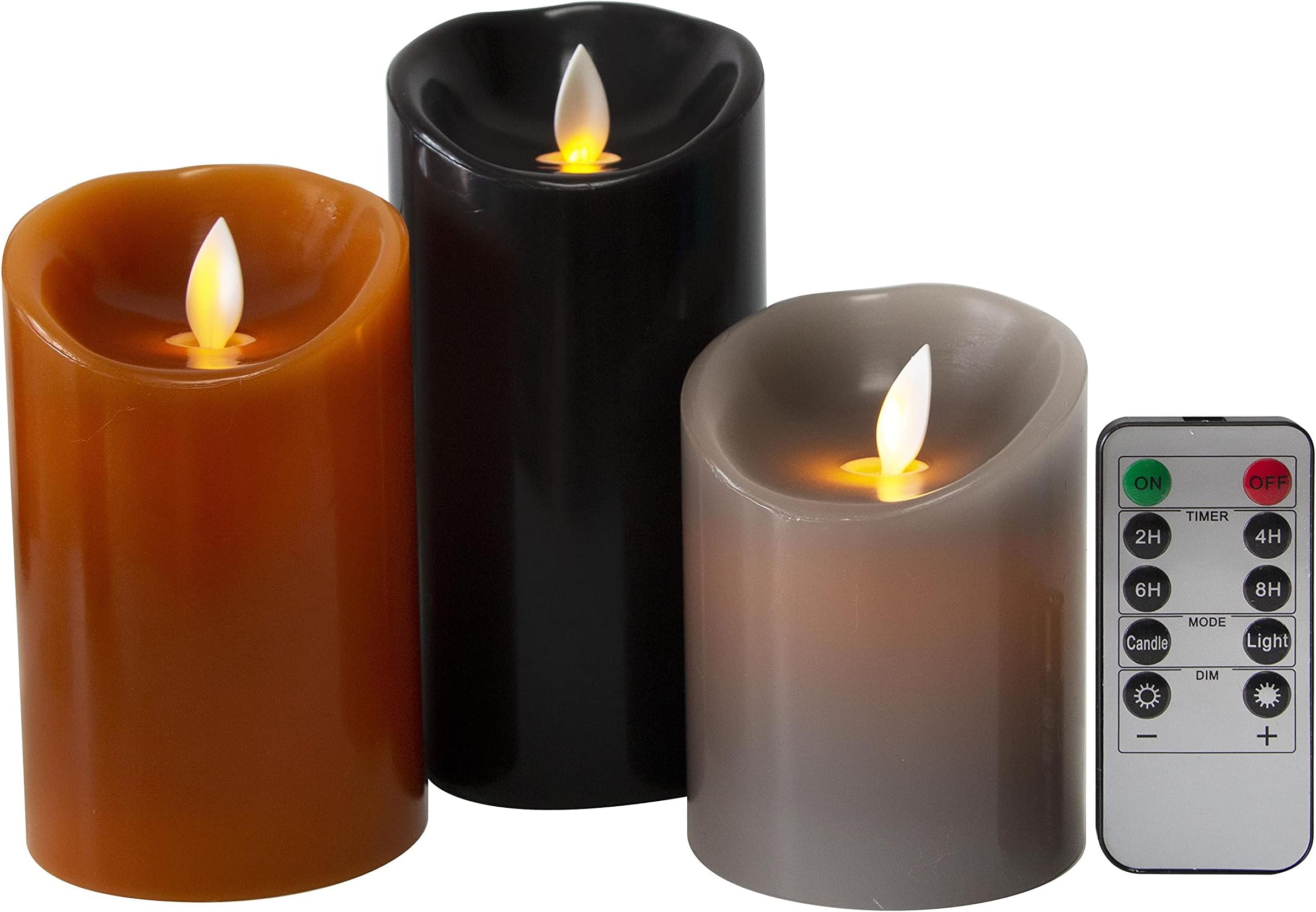 Set of 3 Assorted Grey/Brown/Black flameless Candles 3 x 4/5/6inch Battery Operated LED Pillar Candles with Moving Flame for Halloween Thanksgiving Christmas Home Decor